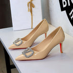 Red Background Patent Leather Rhinestone V Buckle Decorative Pointed Low Cut