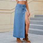 Washed High Slit Denim Skirt