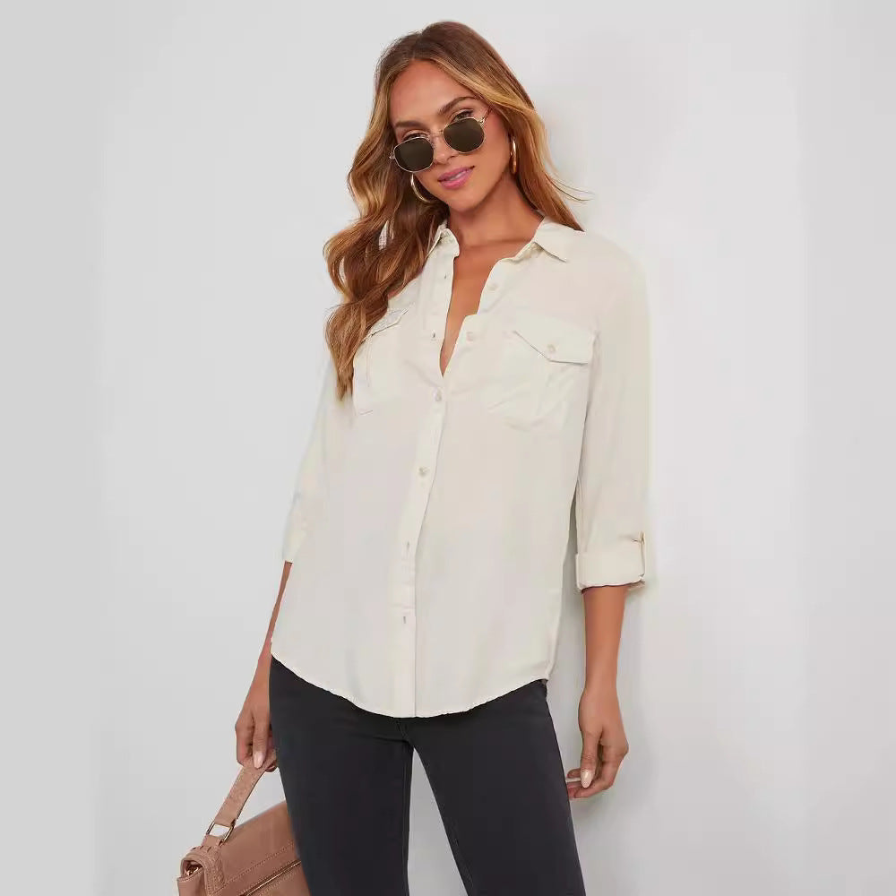 Women's Denim Shirt Collared Single Breasted Long Sleeve Denim