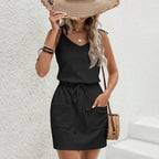 Women's V-Neck Tie Pocket Sleeveless A-Line Mini Dress