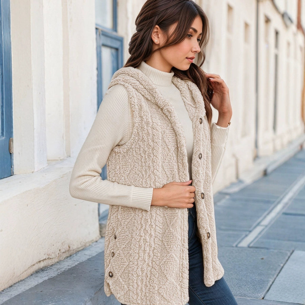 Women's Hooded Lambswool Vest With Side Slits