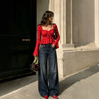 Women's Retro Red Square-Neck Ruffle Top