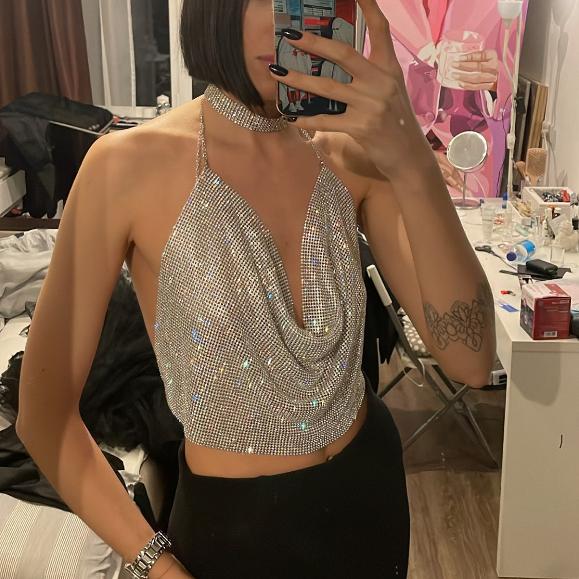 Women's Rhinestone Metal Chain Halter Top