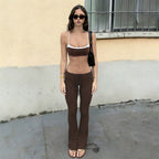Brown contrast crop top and drawstring flared suspender trousers set