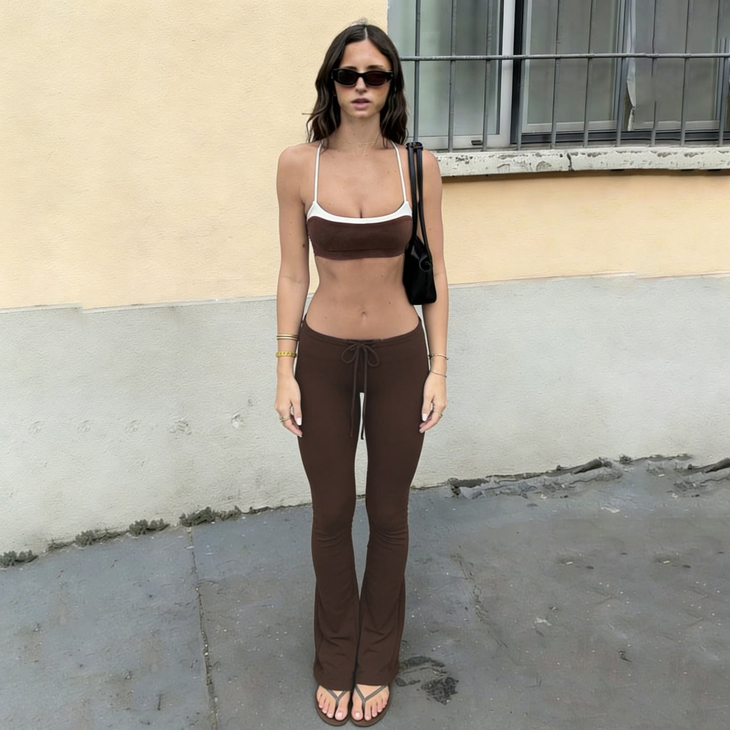 Brown contrast crop top and drawstring flared suspender trousers set