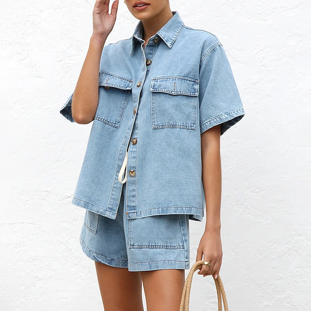 Light Blue Top Shorts Suit