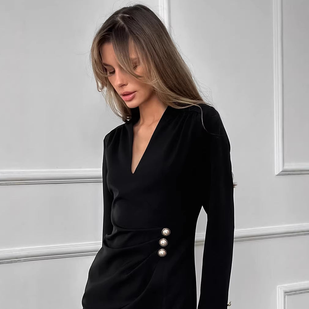 Pearl-Button V-Neck Shirt Dress