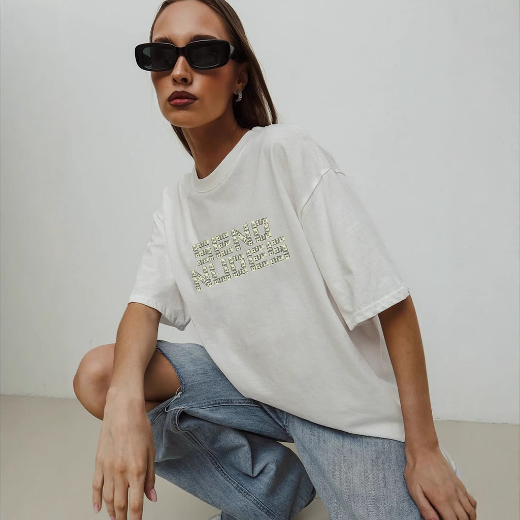 Women's Simple Printed T Shirt Women Summer Loose Round Neck Cotton Short Sleeve Top