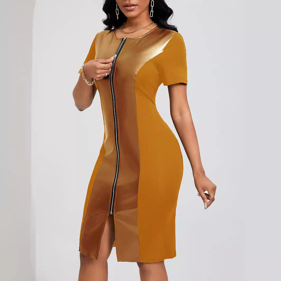 Crew-Neck Front-Zip Short-Sleeve Bodycon Dress