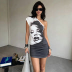 Summer Diagonal Collar Printed Sheath Dress