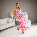 Women Clothing Summer V neck Elastic Waist Printed Sling Maxi Dress