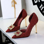 Women's Rhinestone Buckle Satin Wedding Heels