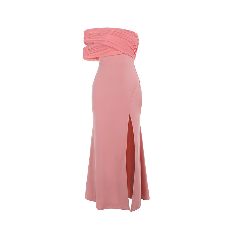 Mesh Stitching Off-Shoulder Split Dress