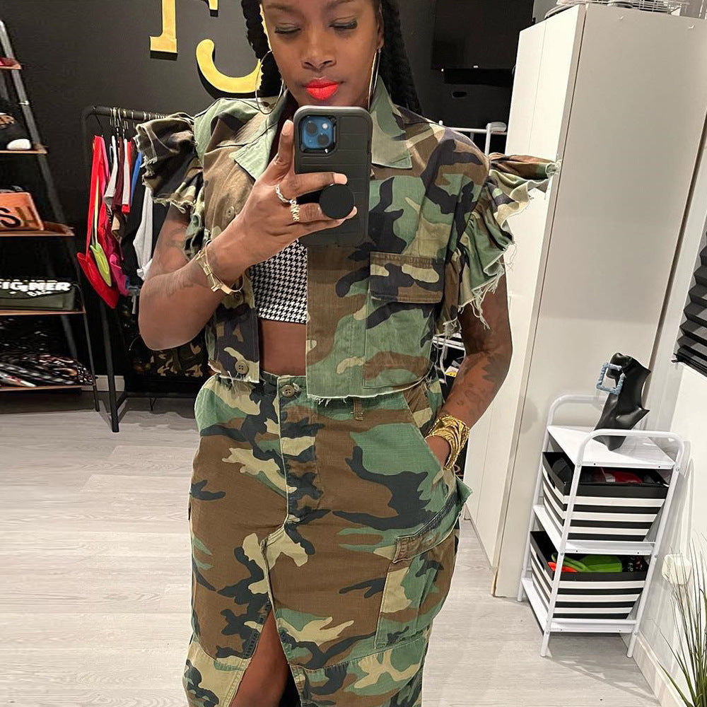 Camouflage Ruffle Sleeve Short Jacket