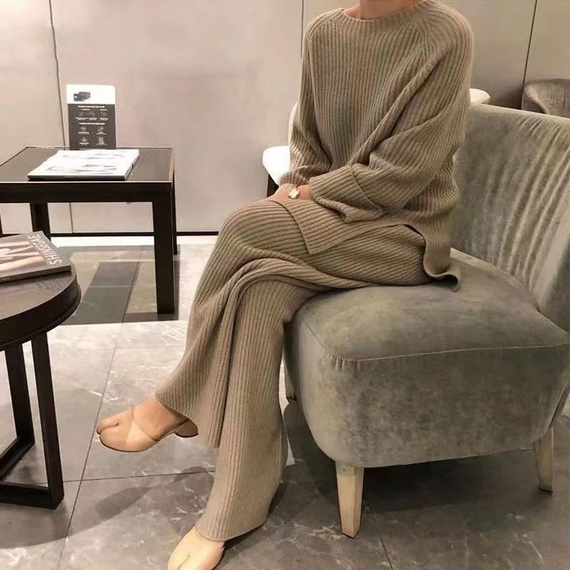 Solid Color Split Sweater Wide Leg Pants Spring Loose Autumn Knitting Suit Two-Piece Set