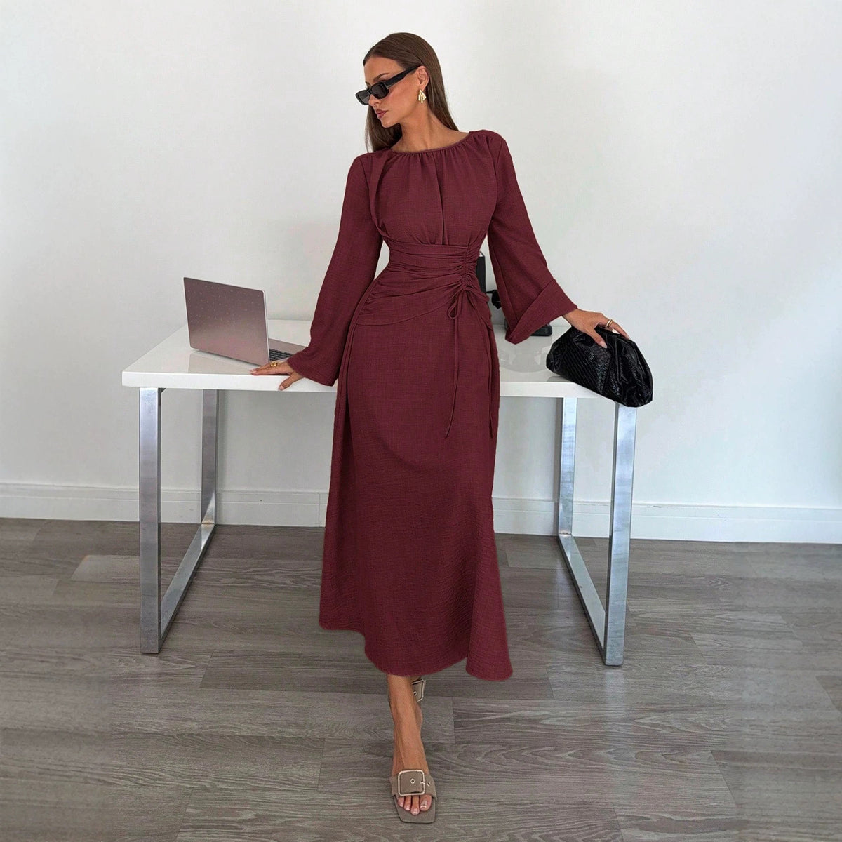 Elegant Solid Color Long Sleeve French Tied Round Neck Waist Trimming Maxi