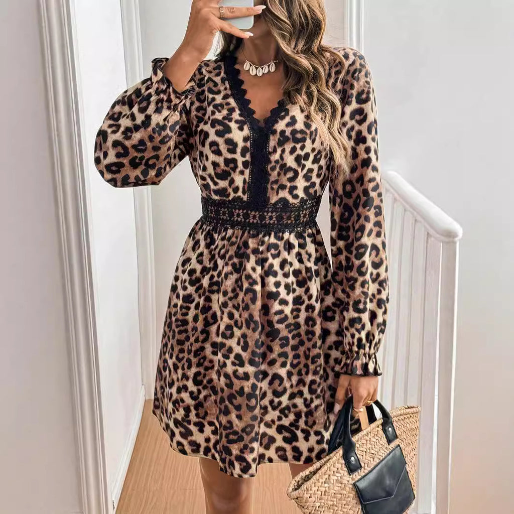 Leopard Lace Patchwork Long-Sleeve Dress