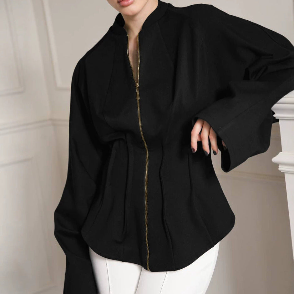Black Stand Up Collar Woolen Coat Long Sleeve Zipper Pleat Waisted Sense Of