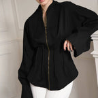 Black Stand Up Collar Woolen Coat Long Sleeve Zipper Pleat Waisted Sense Of