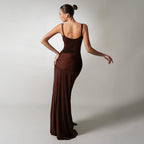 Women's Brown Backless Ruched Slit Cami Maxi Dress