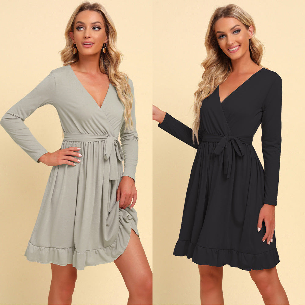 Women's Spring Autumn Slim Fit Generous Solid Color V-Neck Lace-Up Long Sleeve Casual Short Dress