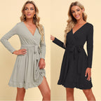 Women's Spring Autumn Slim Fit Generous Solid Color V-Neck Lace-Up Long Sleeve Casual Short Dress