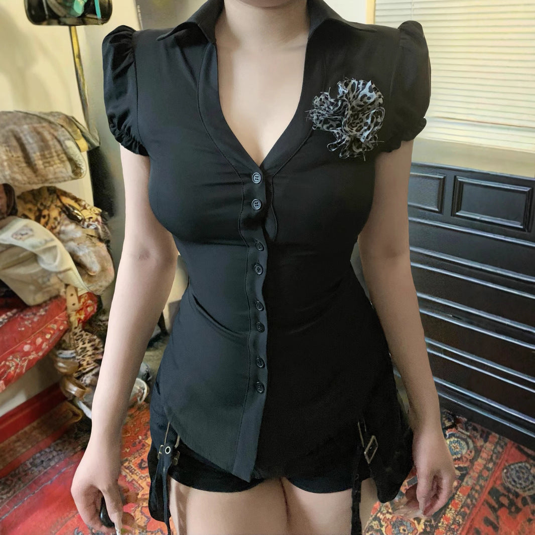 Women's Print Three Dimensional Floral Decorative Puff Sleeve