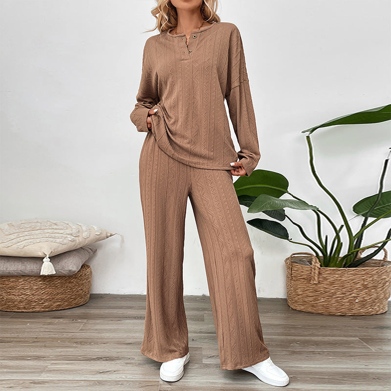 Women's Casual Texture Wide Leg Pants Two Piece Set Round Neck Home Trousers Sets