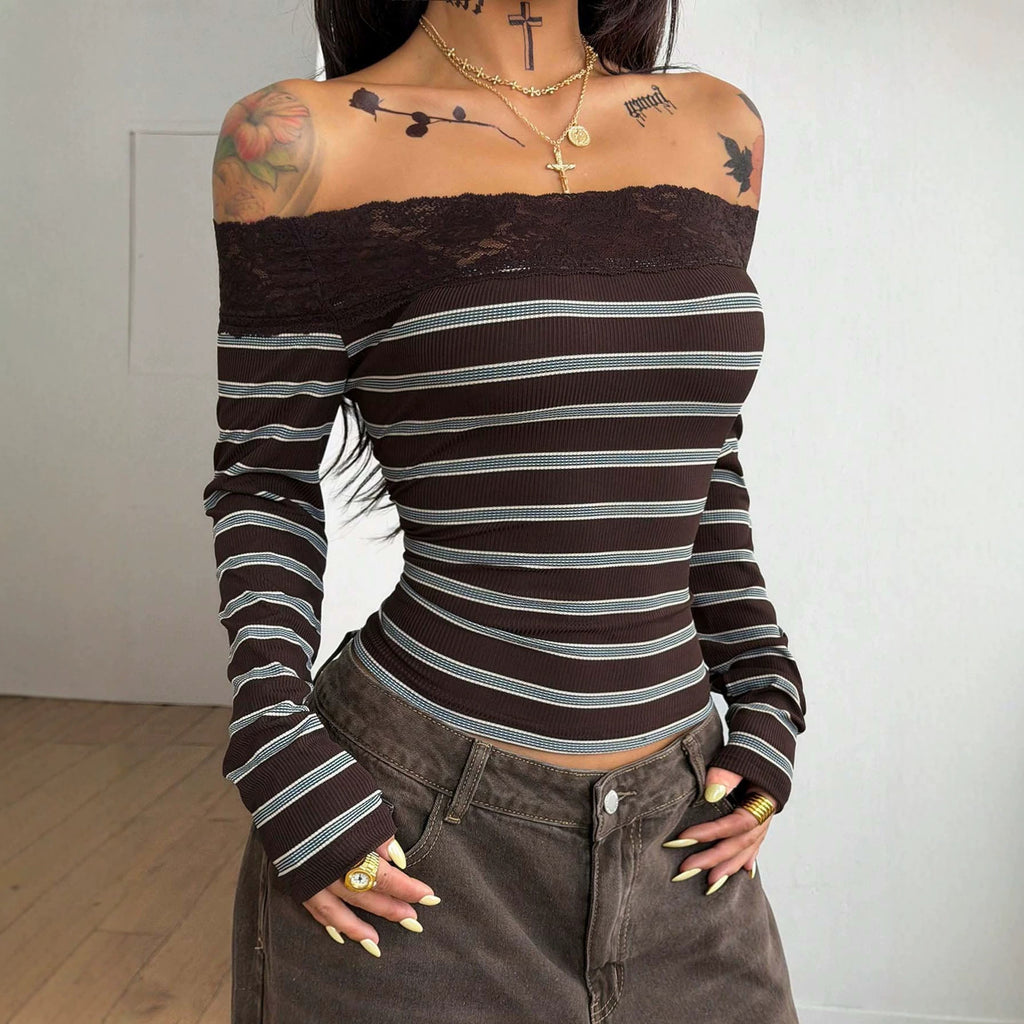 Striped Sexy off Shoulder Lace Stitching Long Sleeve off