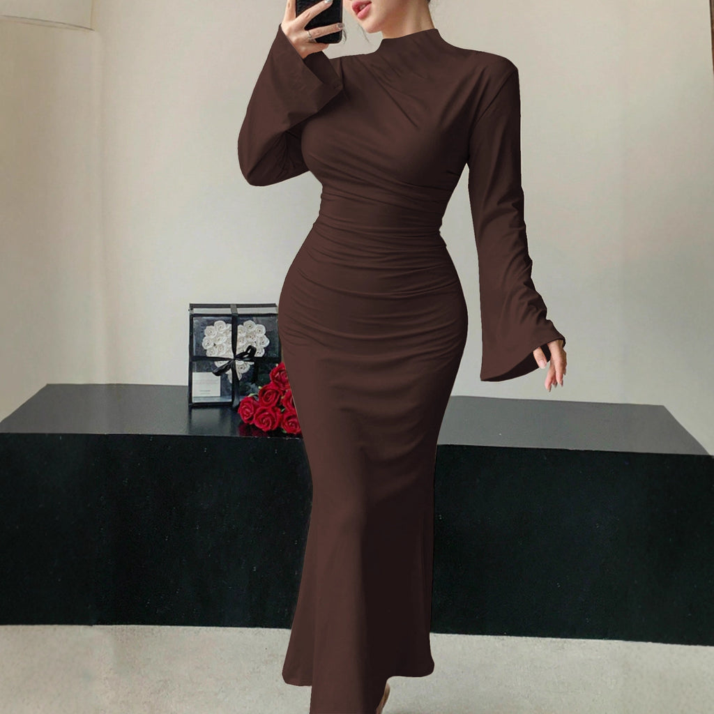 Minimalist Dress Slim Fit Wild Bell Sleeve Half Turtleneck Sheath