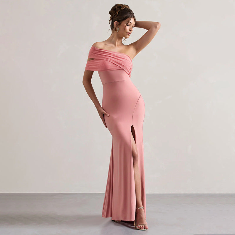 Mesh Stitching Off-Shoulder Split Dress