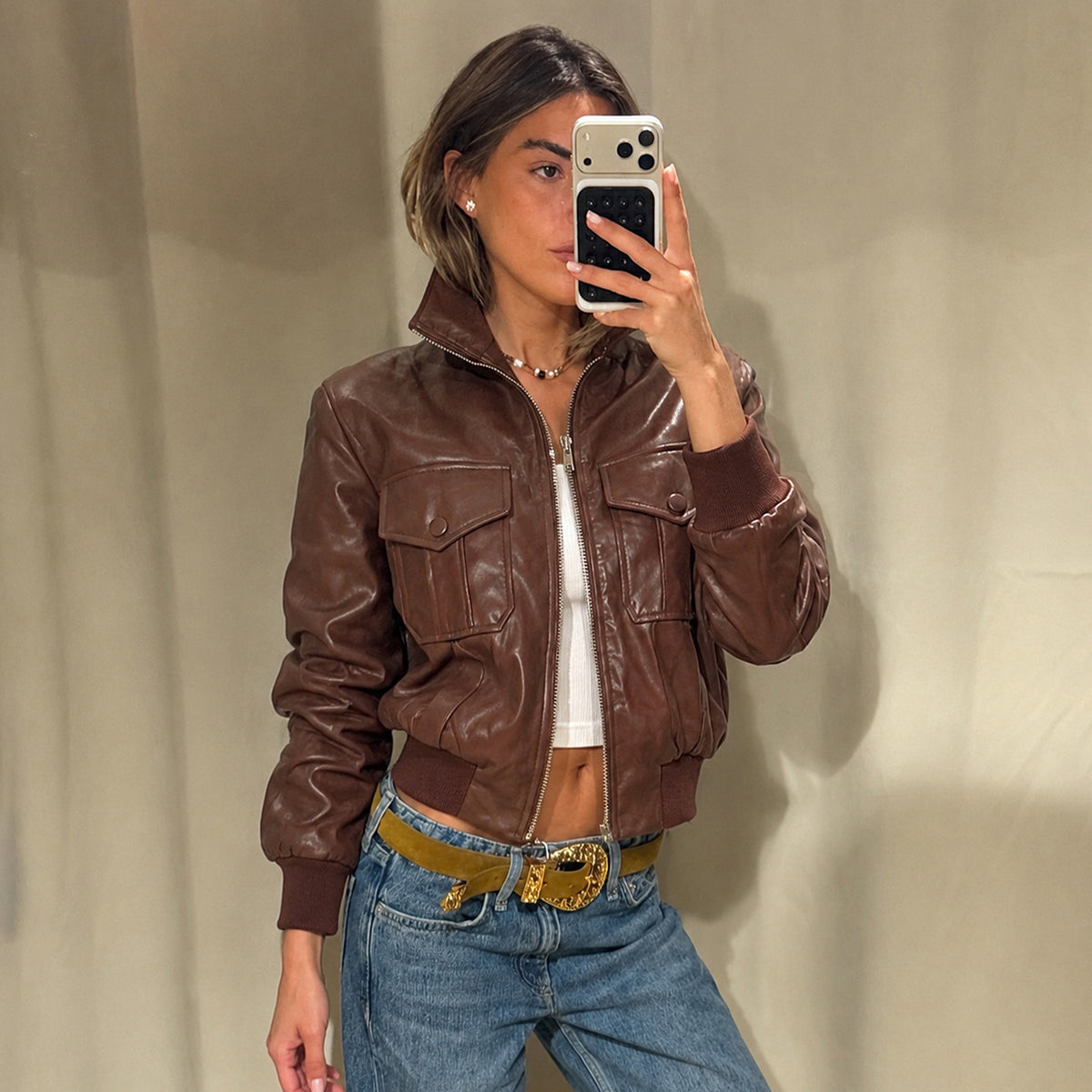 Women's Cropped Faux-Leather Motorcycle Jacket