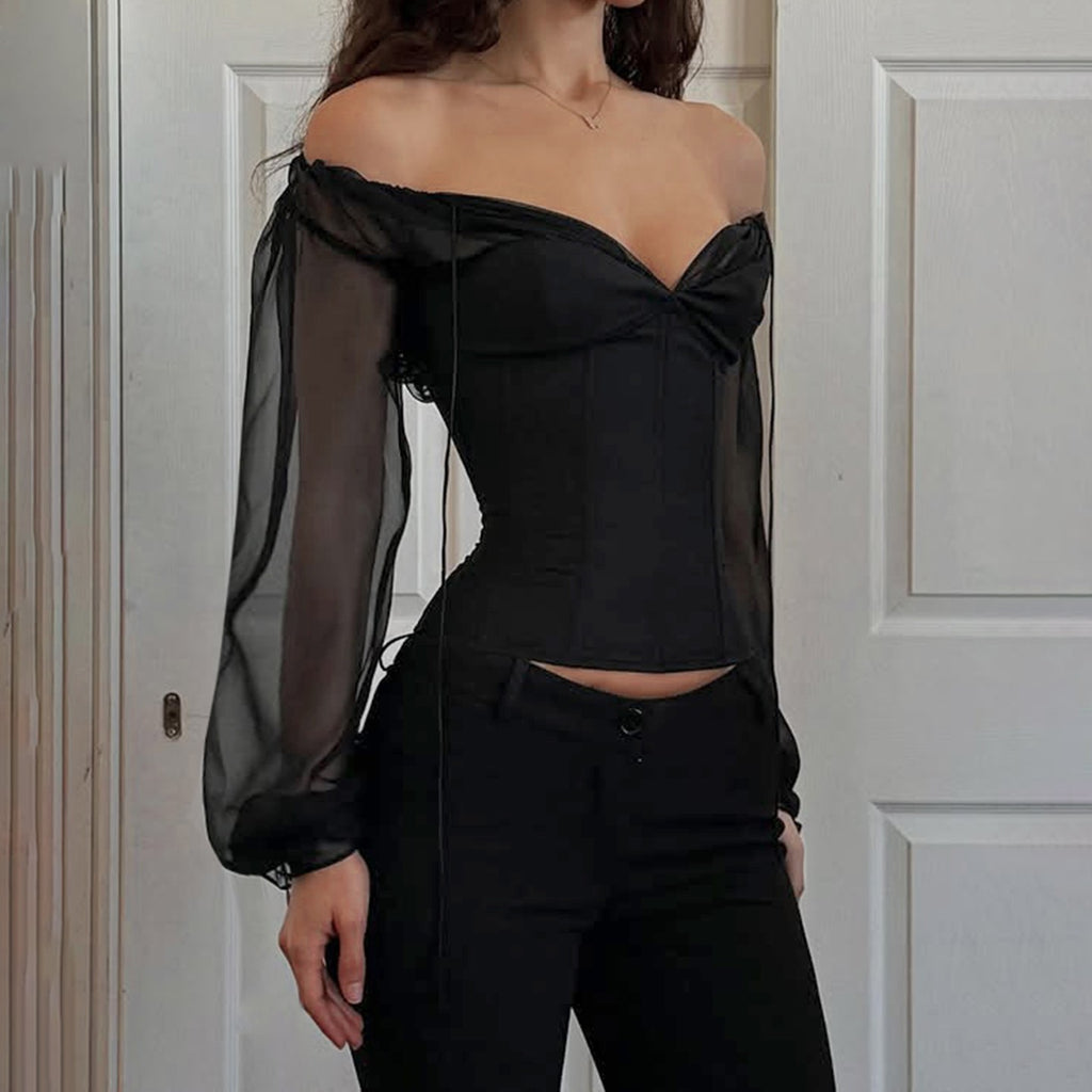 Women's Clothing Palace Sexy V Neck Pleated T Shirt Chiffon Tight Waist Slim Fit Puff Sleeve Top Autumn
