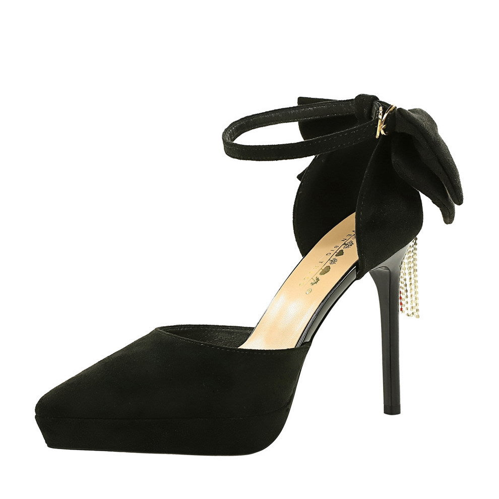 Women's Black Platform Pointed-Toe Buckle Sandals With Rhinestone Bow