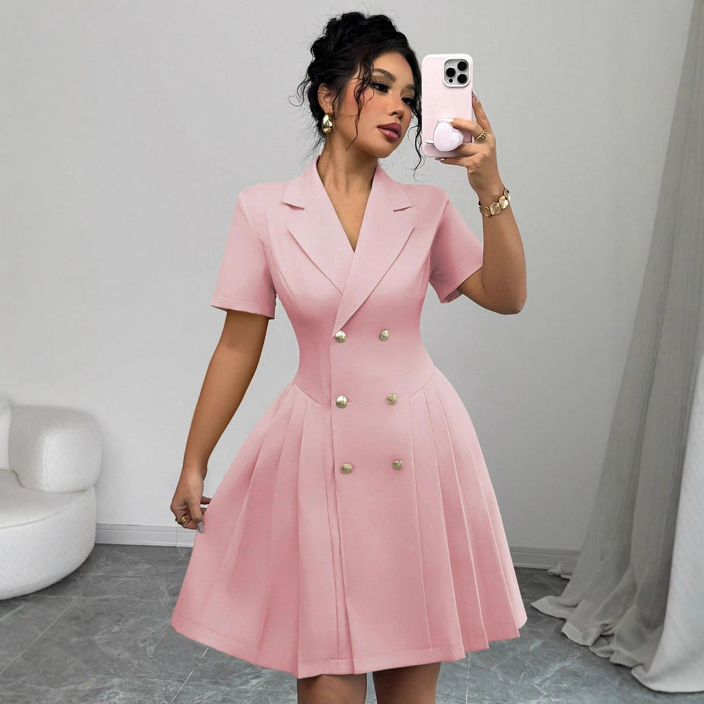 Double-Breasted V-Neck Short-Sleeve Dress