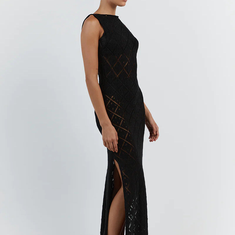 Black sleeveless knit maxi dress with high neck, diamond pattern, front side slit
