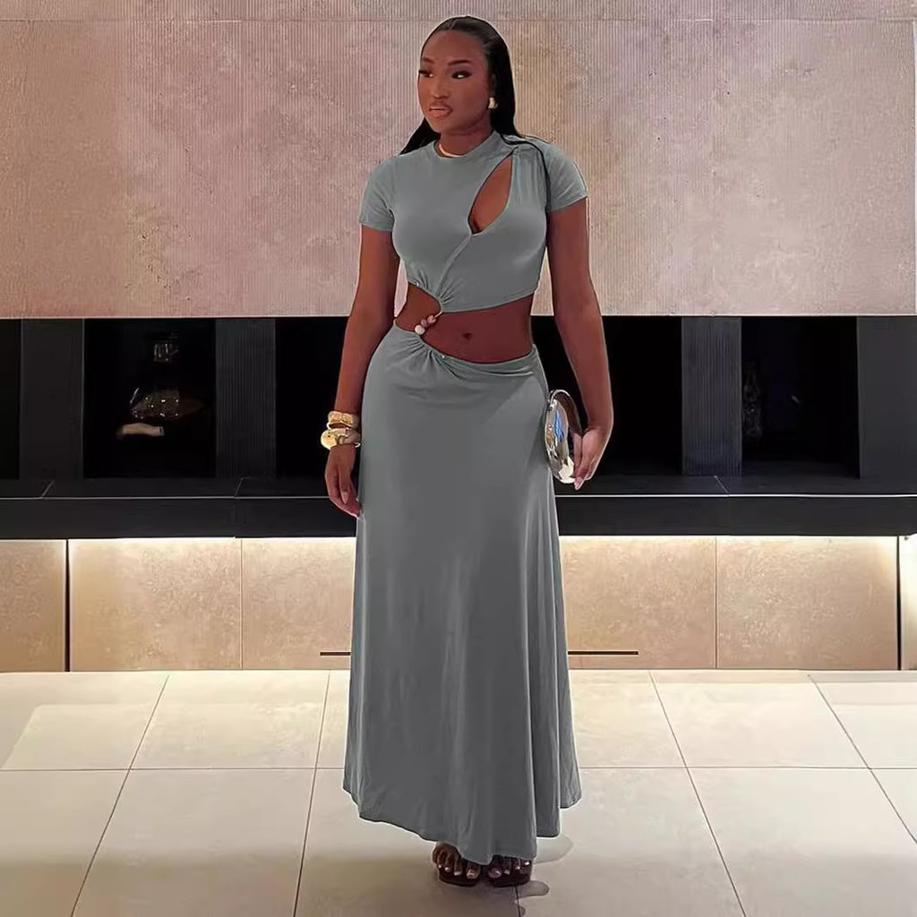 Women's Beaded Cropped Short-Sleeve Two-Piece Skirt Set