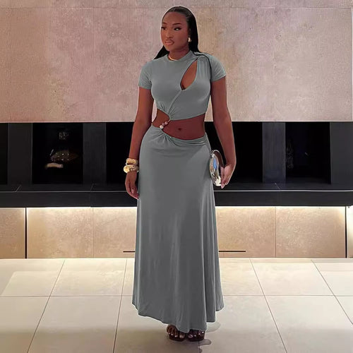 Women's Beaded Cropped Short-Sleeve Two-Piece Skirt Set
