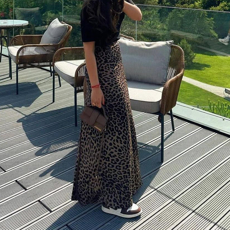 Satin Skirt Leopard Print Long Skirt High