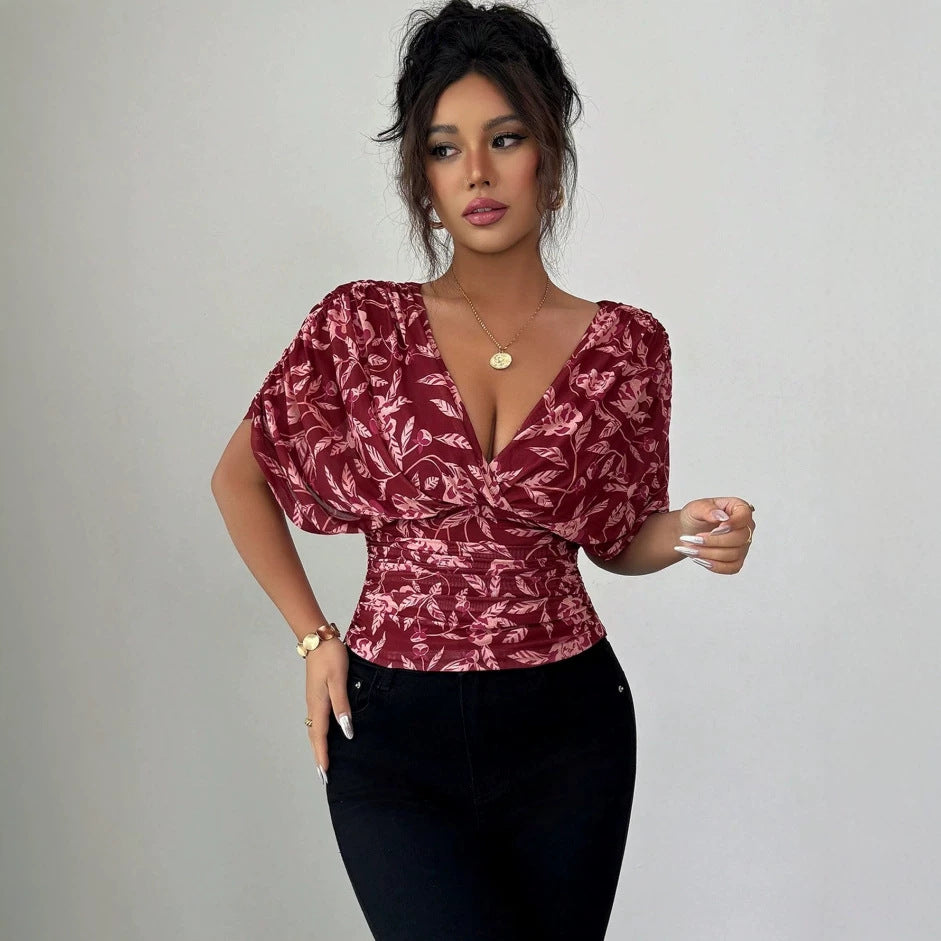 Fashionable Elegant Printed Deep V Plunge Neck Slim Fit Short-Sleeve Top