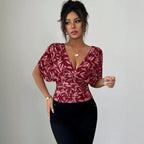 Fashionable Elegant Printed Deep V Plunge Neck Slim Fit Short-Sleeve Top