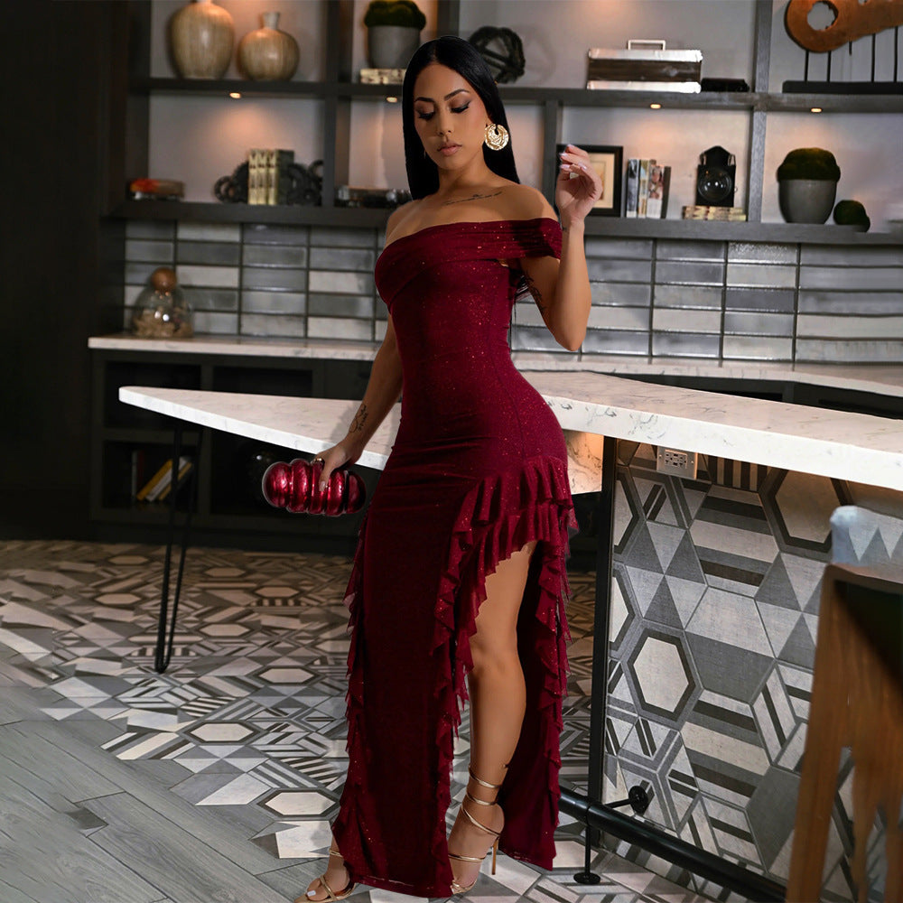 Off-Shoulder Sequin Ruffled Slit Maxi Dress