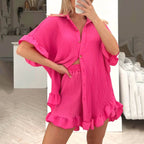 Women's Shorts Short-Sleeve Shirt Two-Piece Loose Pleated Wooden Ear Casual Sets
