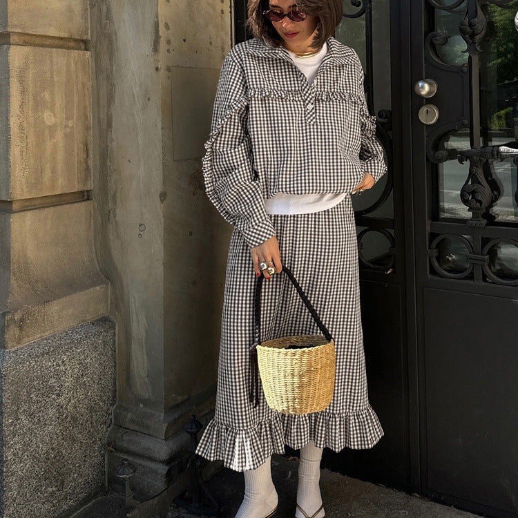 Women Casual Plaid Skirt Polo Collar Long Sleeve Shirt Two