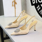 Women's High Sense Rhinestone Ornament Satin Sexy Pointed Shallow Mouth Ankle Strap Buckle Stiletto Women Shoes