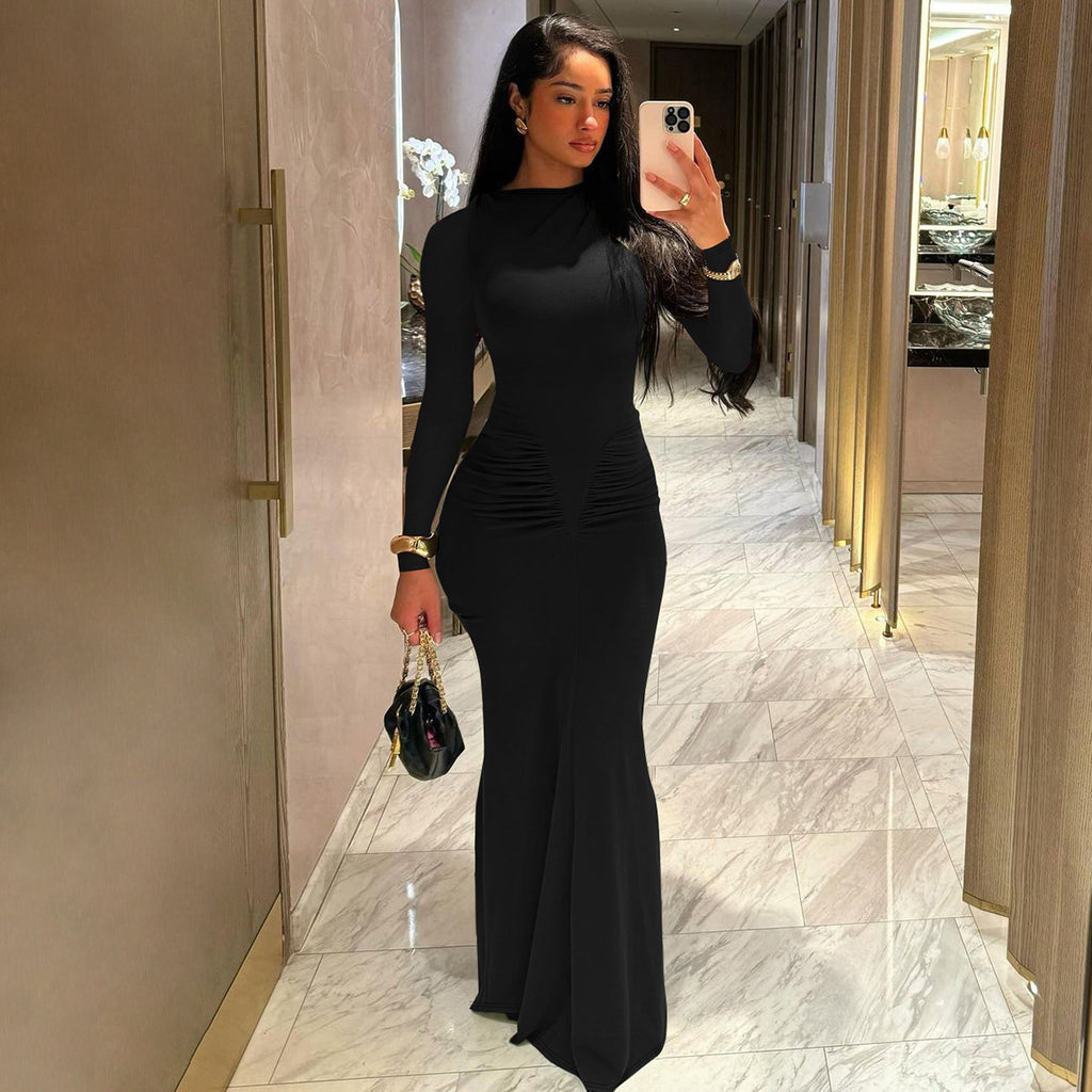 Women's Summer Slim Pleated Round Neck Long Sleeved Dress
