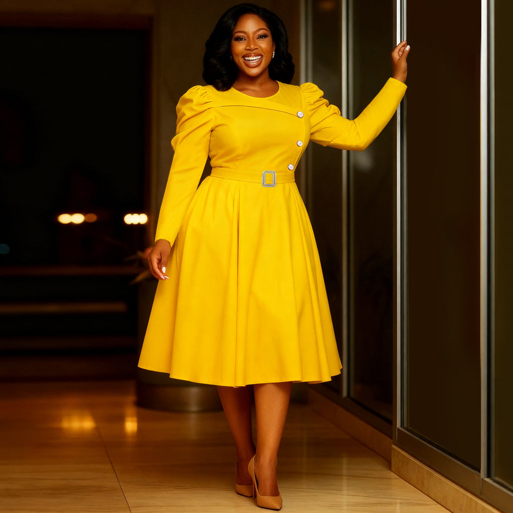 Crew-Neck Long-Sleeve Ruched A-Line Midi Dress