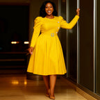 Crew-Neck Long-Sleeve Ruched A-Line Midi Dress
