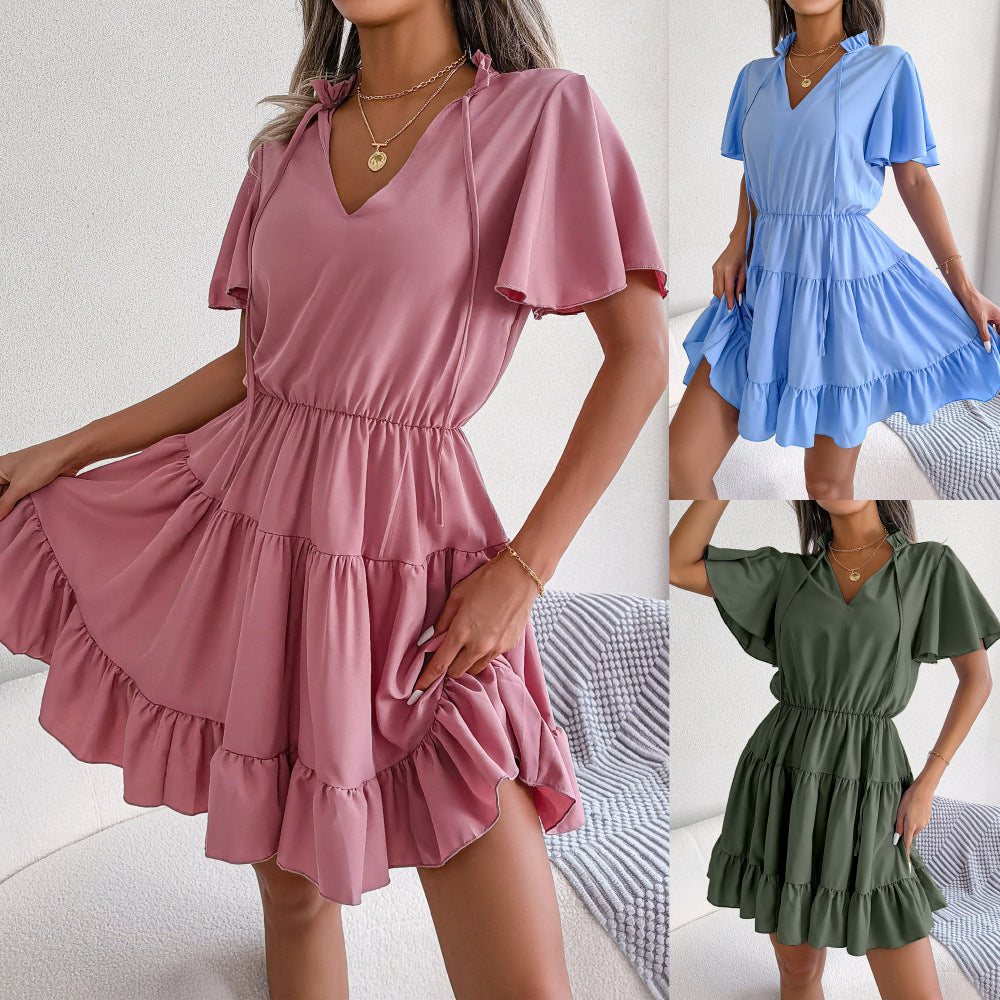 Chiffon V-Neck Ruffled Tiered Mini Dress
