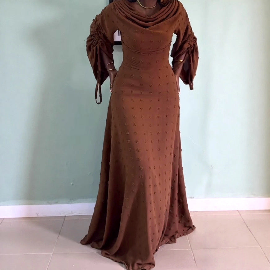 Women's Pleated Long Sleeve Drawstring Waist Dress